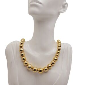 Vintage Graduated Gold Tone Beaded Necklace Classic Metal Ball Strand 18" Korea